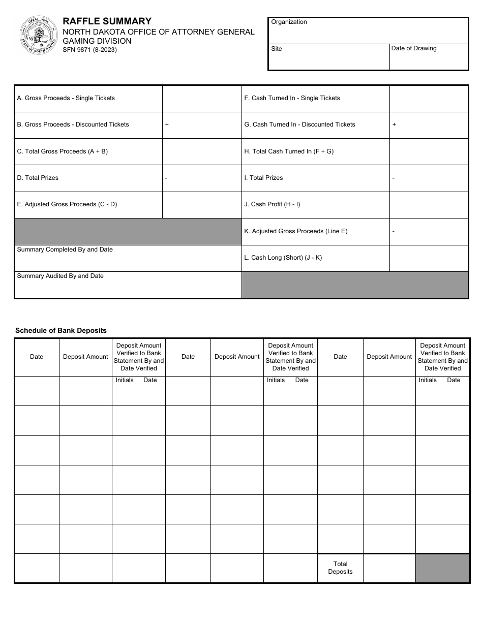 Form SFN9871 Raffle Summary - North Dakota, Page 1