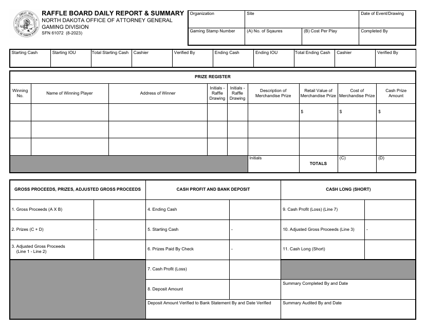 Form SFN61072 Raffle Board Daily Report & Summary - North Dakota