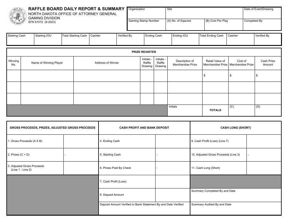 Form SFN61072 Raffle Board Daily Report  Summary - North Dakota, Page 1