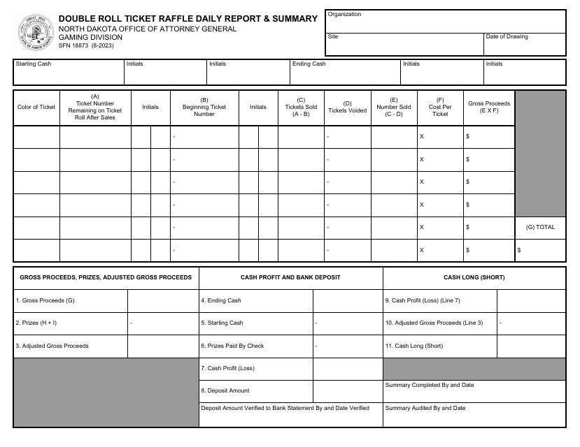 Form SFN18873 Double Roll Ticket Raffle Daily Report & Summary - North Dakota