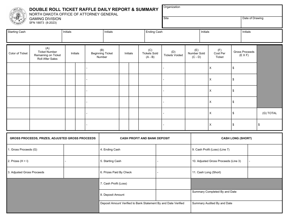 Form SFN18873 Double Roll Ticket Raffle Daily Report  Summary - North Dakota, Page 1