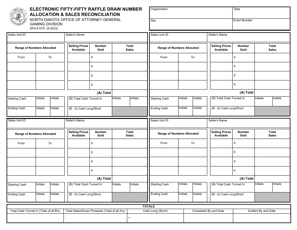 Form SFN61070 Electronic Fifty-Fifty Raffle Draw Number Allocation  Sales Reconciliation - North Dakota, Page 1