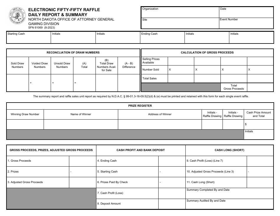 Form SFN61069 Electronic Fifty-Fifty Raffle Daily Report  Summary - North Dakota, Page 1