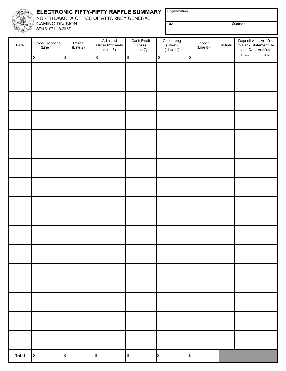 Form SFN61071 Electronic Fifty-Fifty Raffle Summary - North Dakota, Page 1