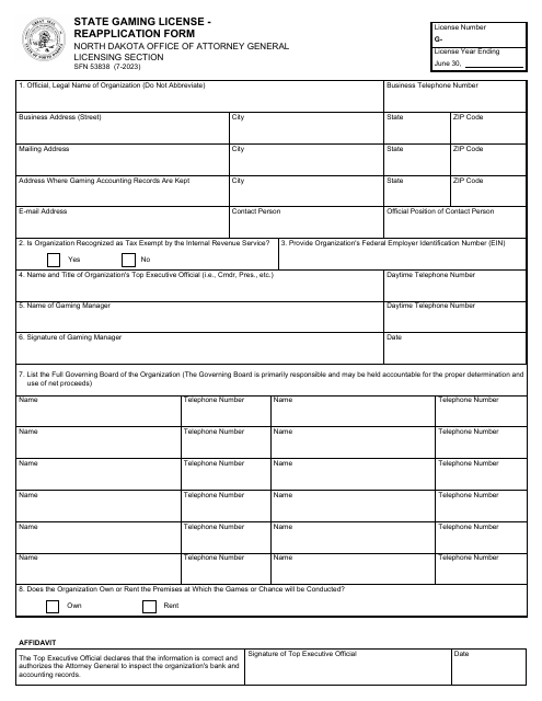 Form SFN53838 State Gaming License - Reapplication Form - North Dakota