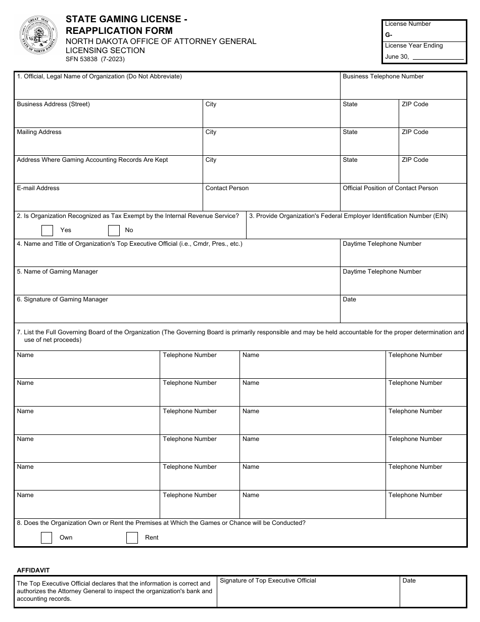 Form SFN53838 State Gaming License - Reapplication Form - North Dakota, Page 1