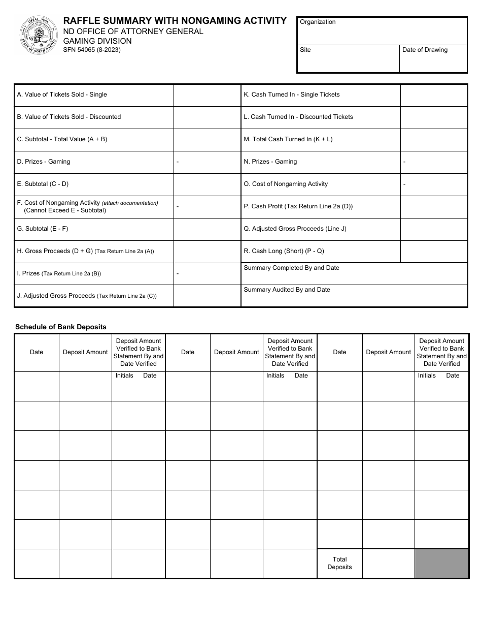 Form SFN54065 Raffle Summary With Nongaming Activity - North Dakota, Page 1