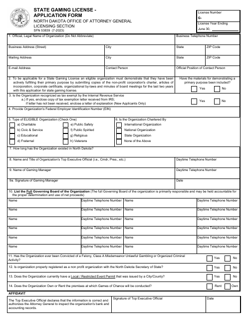 Form SFN53839 State Gaming License - Application Form - North Dakota