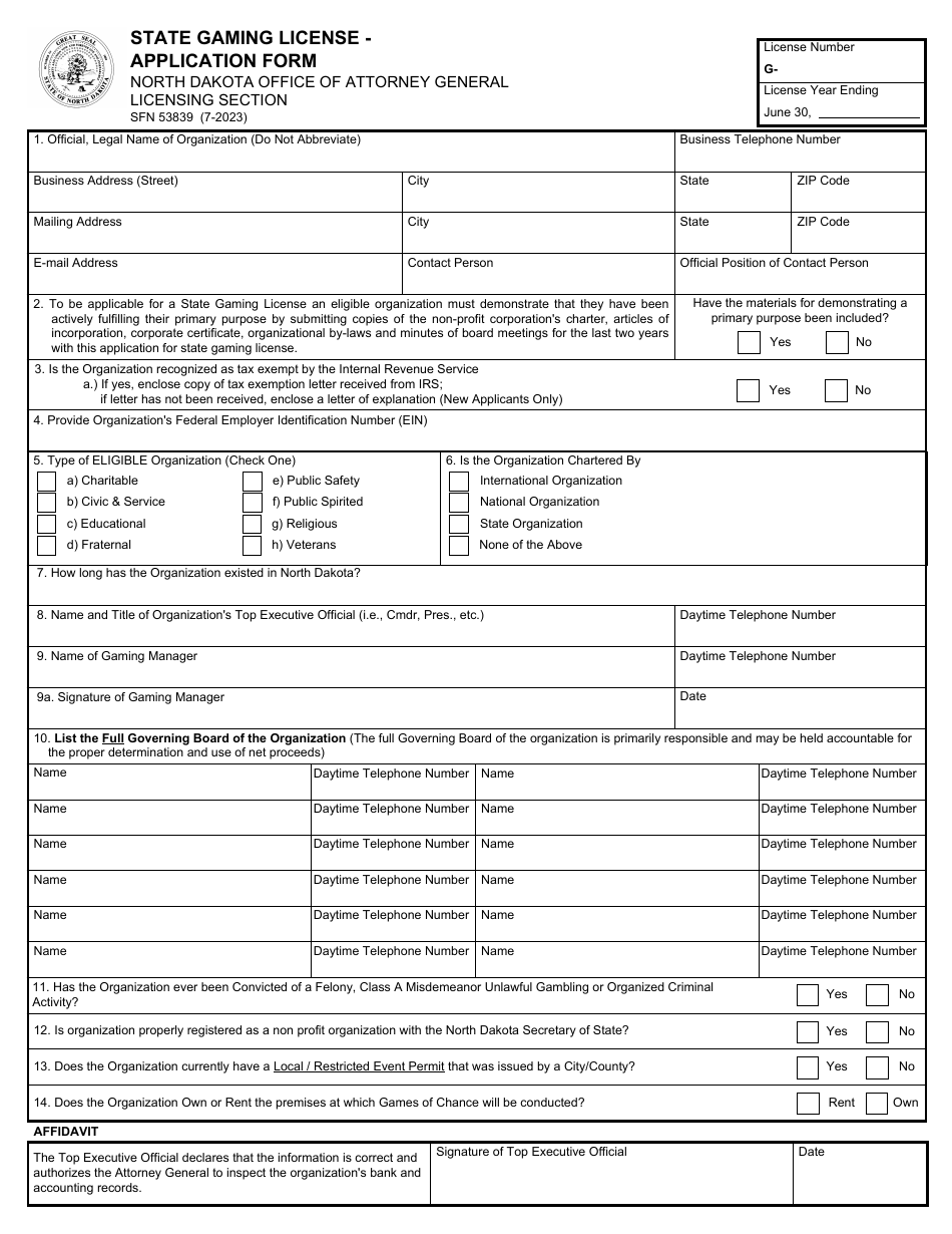 Form SFN53839 State Gaming License - Application Form - North Dakota, Page 1