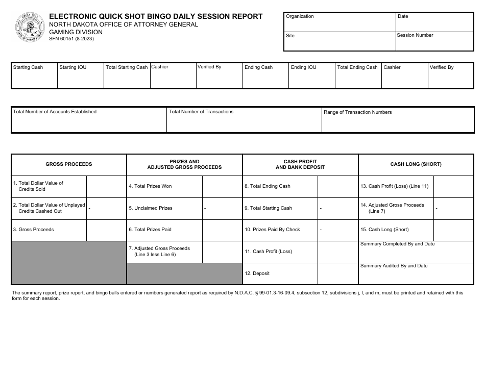 Form SFN60151 Electronic Quick Shot Bingo Daily Session Report - North Dakota, Page 1