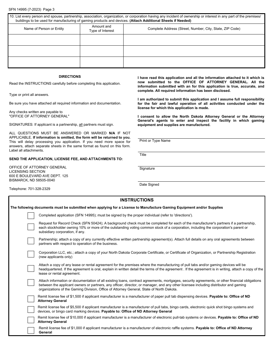 Form SFN14995 Application for License to Manufacture Gaming Equipment and Supplies - North Dakota, Page 3