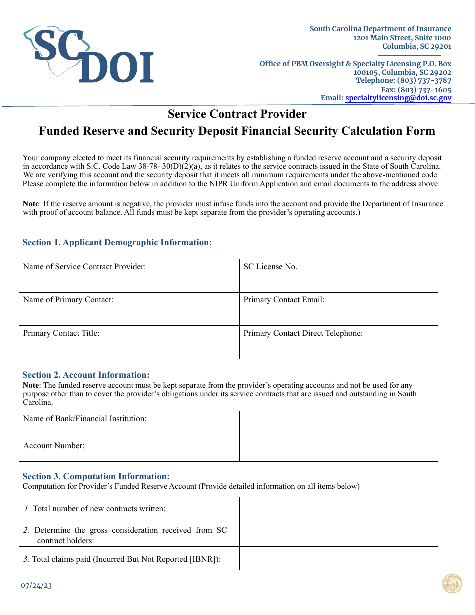 Service Contract Provider Funded Reserve and Security Deposit Financial Security Calculation Form - South Carolina, Page 1