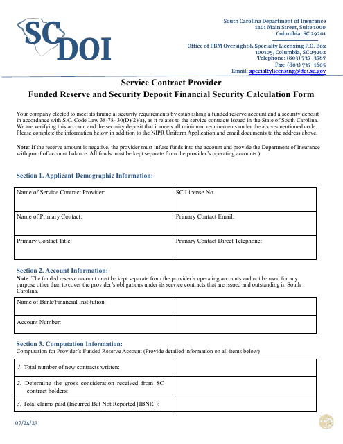 Service Contract Provider Funded Reserve and Security Deposit Financial Security Calculation Form - South Carolina Download Pdf