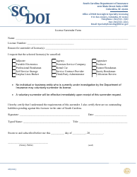 Document preview: License Surrender Form - South Carolina