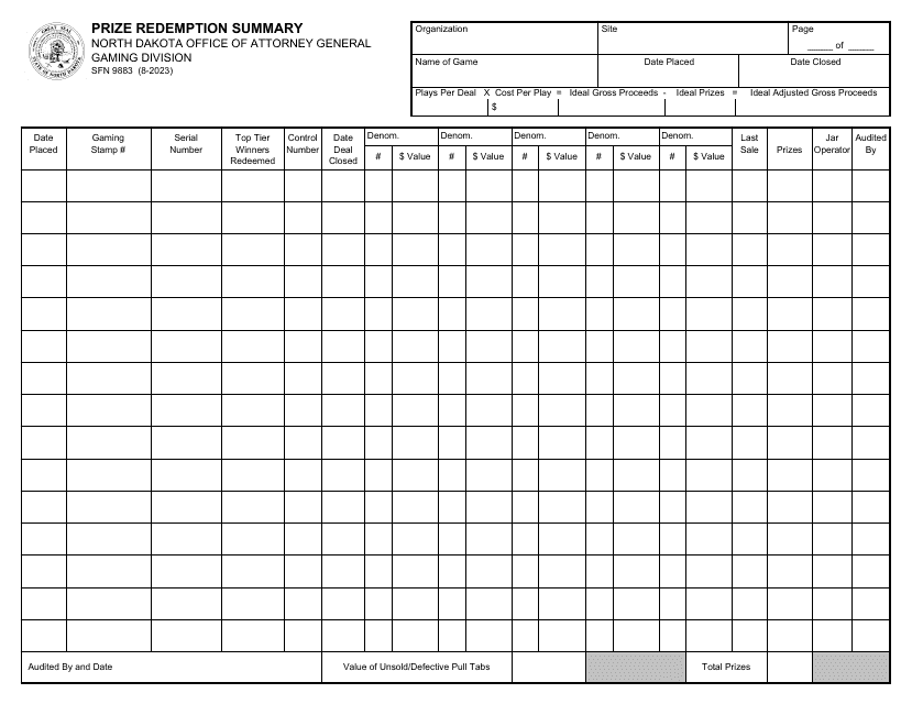 Form SFN9883 Prize Redemption Summary - North Dakota