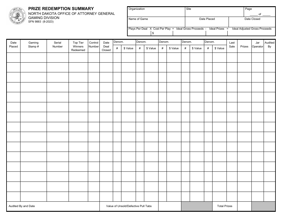 Form SFN9883 Prize Redemption Summary - North Dakota, Page 1