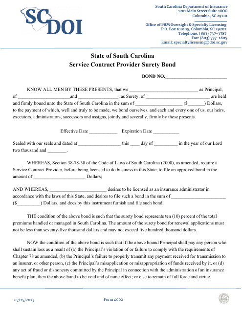 Form 4002 Service Contract Provider Surety Bond - South Carolina