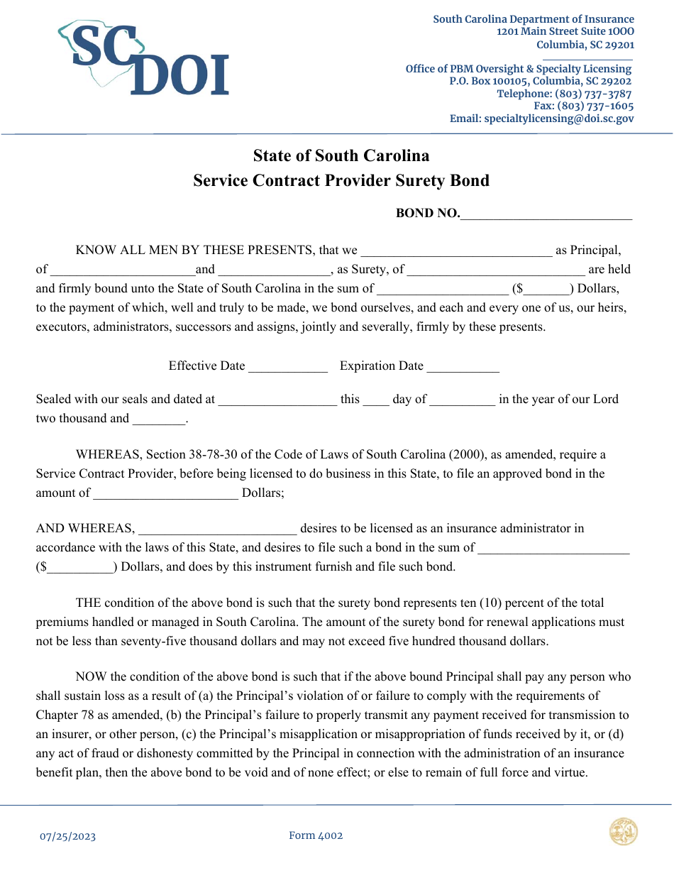 Form 4002 Service Contract Provider Surety Bond - South Carolina, Page 1