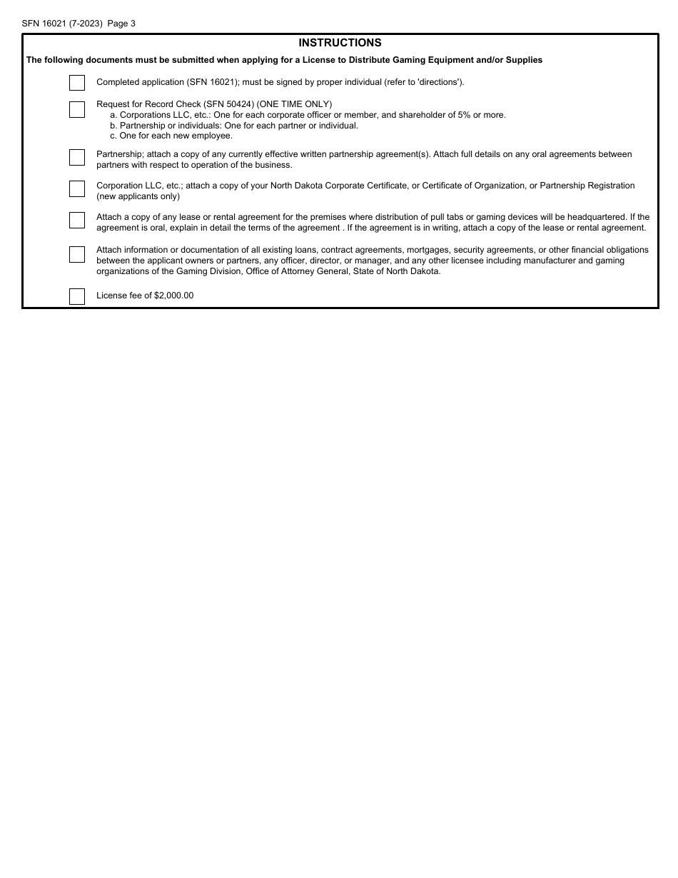 Form SFN16021 Application for License to Distribute Gaming Equipment and / or Supplies (Including Pull Tabs or Other Gaming Devices) - North Dakota, Page 3