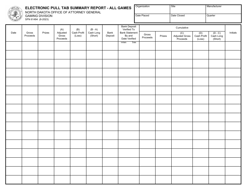 Form SFN61494 Electronic Pull Tab Summary Report - All Games - North Dakota