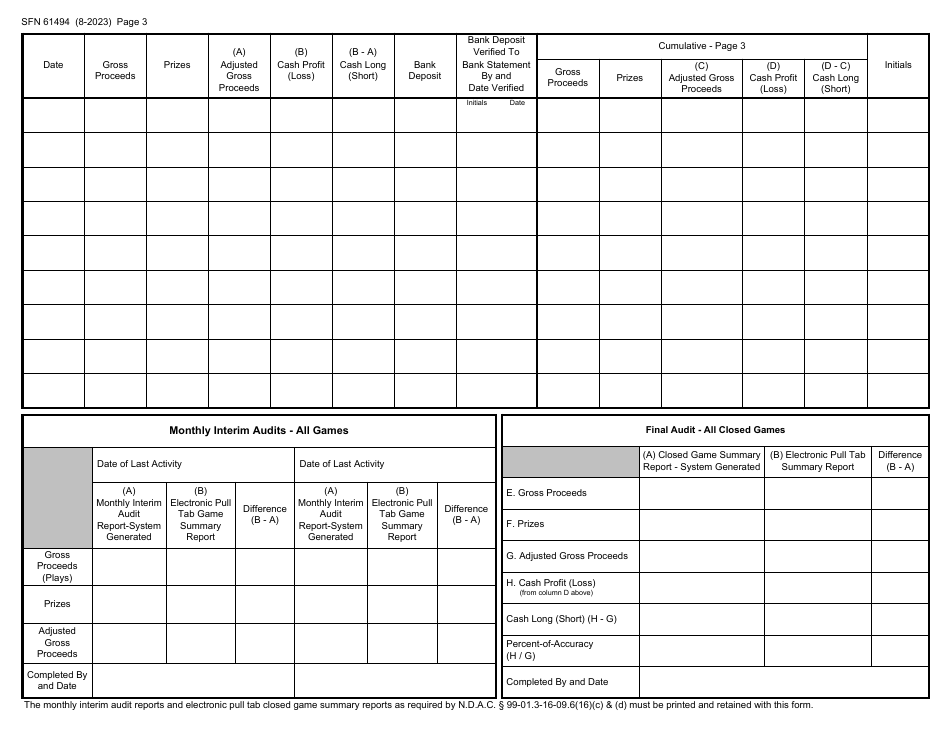 Form SFN61494 Electronic Pull Tab Summary Report - All Games - North Dakota, Page 3