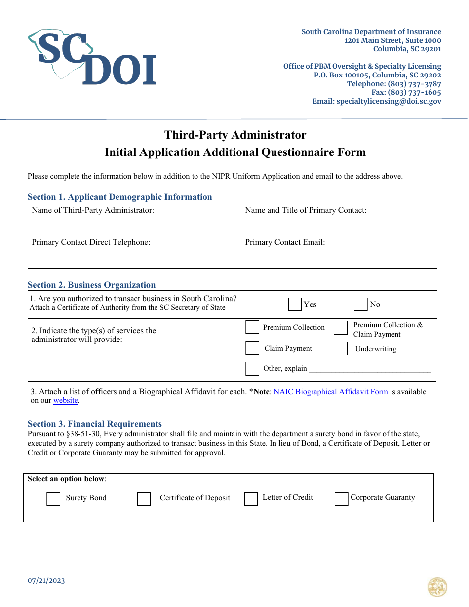 Third-Party Administrator Initial Application Additional Questionnaire Form - South Carolina, Page 1