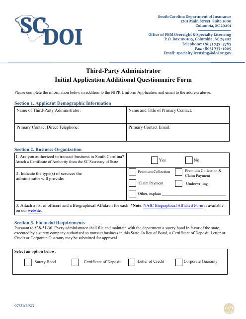 Third-Party Administrator Initial Application Additional Questionnaire Form - South Carolina Download Pdf
