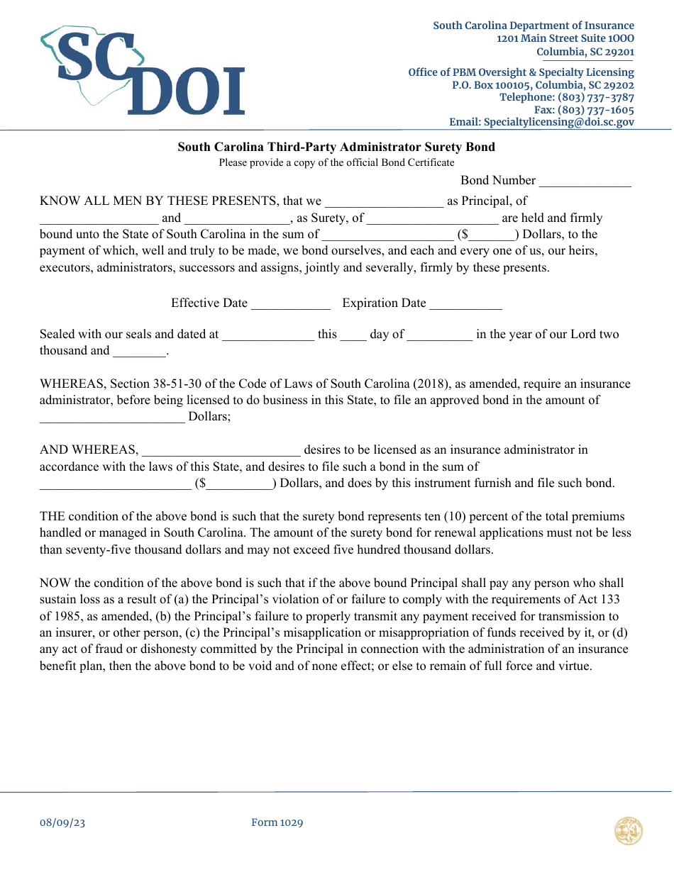 Form 1029 South Carolina Third-Party Administrator Surety Bond - South Carolina, Page 1