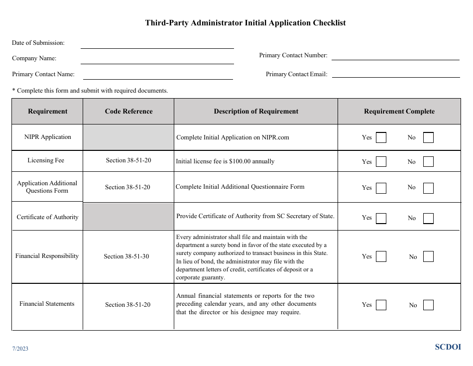 Third-Party Administrator Initial Application Checklist - South Carolina, Page 1