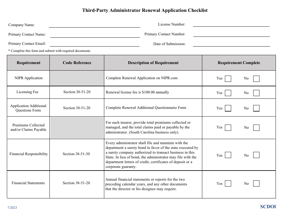 Third-Party Administrator Renewal Application Checklist - South Carolina, Page 1