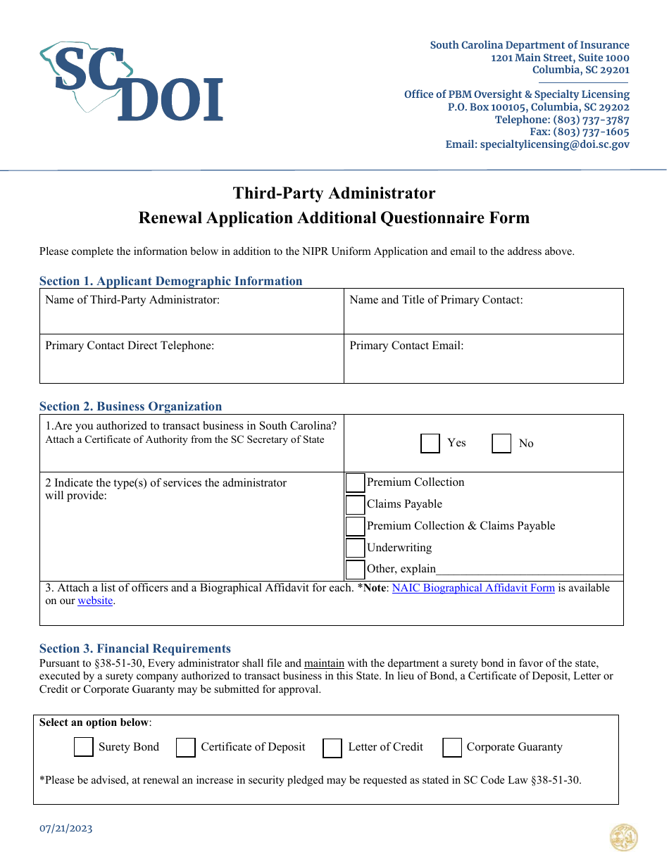 Third-Party Administrator Renewal Application Additional Questionnaire Form - South Carolina, Page 1