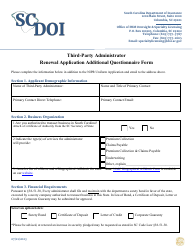 Document preview: Third-Party Administrator Renewal Application Additional Questionnaire Form - South Carolina
