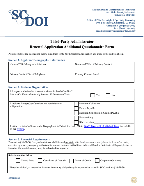 Third-Party Administrator Renewal Application Additional Questionnaire Form - South Carolina