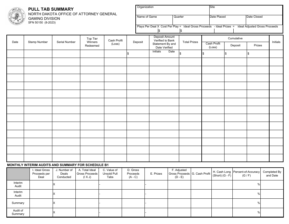 Form SFN50150 Download Fillable PDF or Fill Online Pull Tab Summary ...