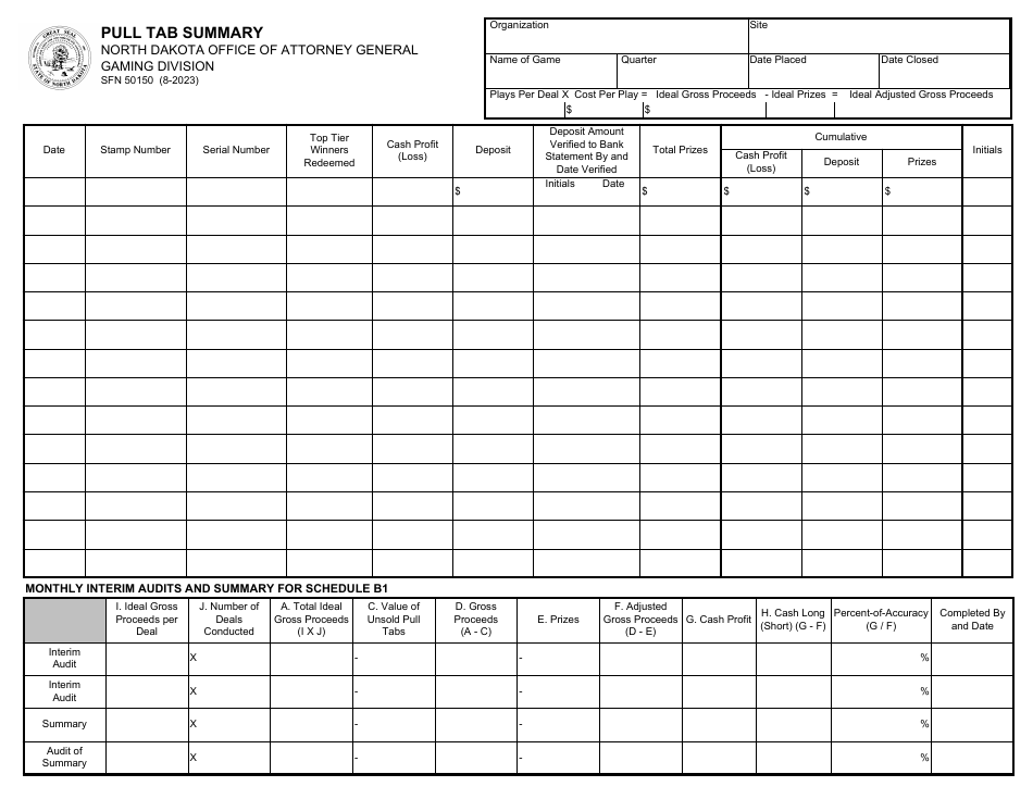 Form SFN50150 Pull Tab Summary - North Dakota, Page 1
