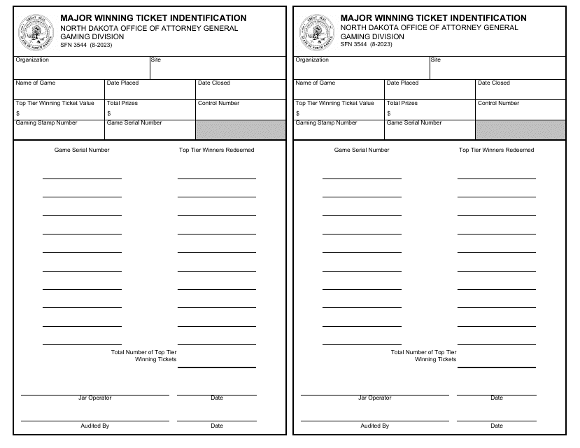 Form SFN3544 Major Winning Ticket Indentification - North Dakota