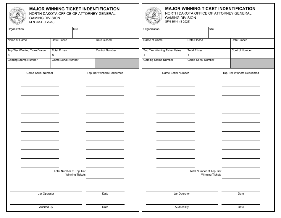 Form SFN3544 Major Winning Ticket Indentification - North Dakota, Page 1