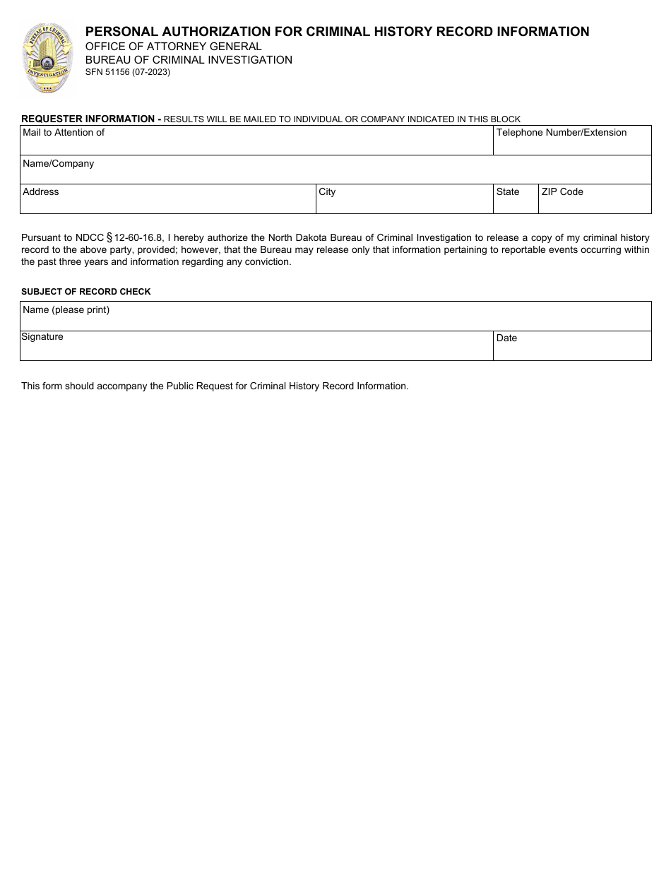 Form SFN51156 Personal Authorization for Criminal History Record Information - North Dakota, Page 1