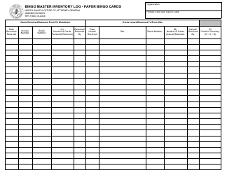 Form SFN18624 Bingo Master Inventory Log - Paper Bingo Cards - North Dakota
