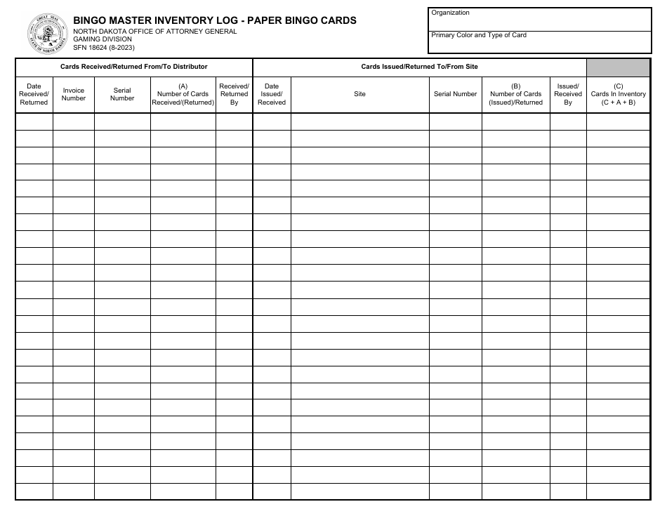Form SFN18624 Bingo Master Inventory Log - Paper Bingo Cards - North Dakota, Page 1