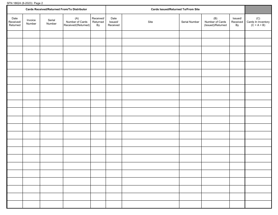 Form SFN18624 Bingo Master Inventory Log - Paper Bingo Cards - North Dakota, Page 2