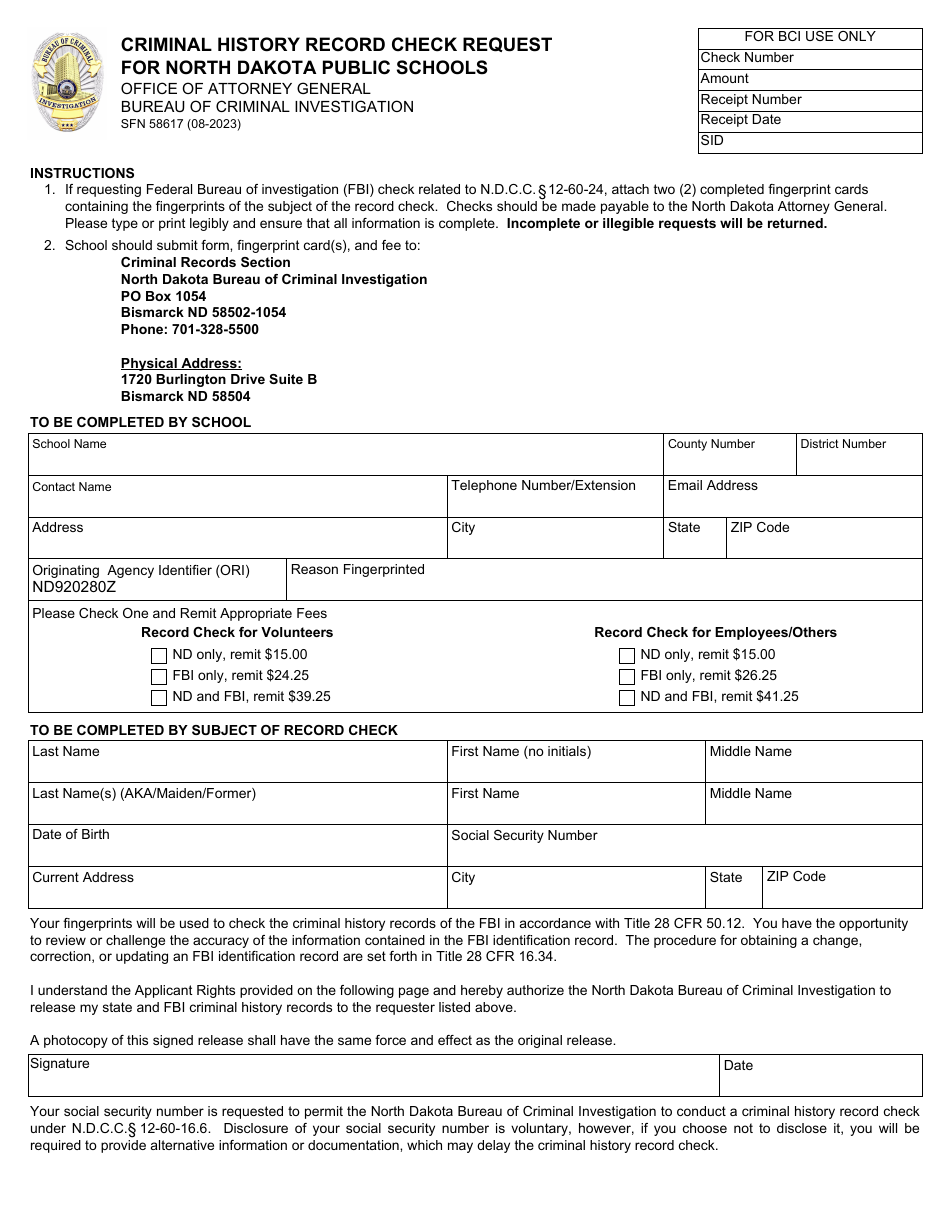 Form SFN58617 Criminal History Record Check Request for North Dakota Public Schools - North Dakota, Page 1