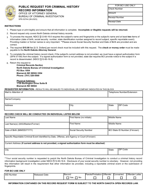 Form SFN50744 Public Request for Criminal History Record Information - North Dakota