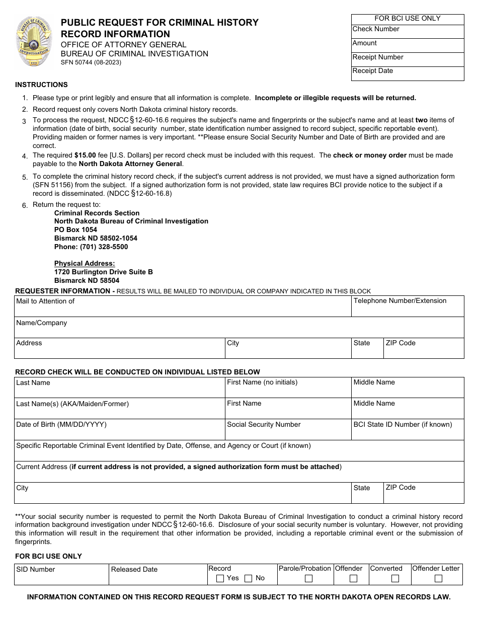 Form SFN50744 Public Request for Criminal History Record Information - North Dakota, Page 1