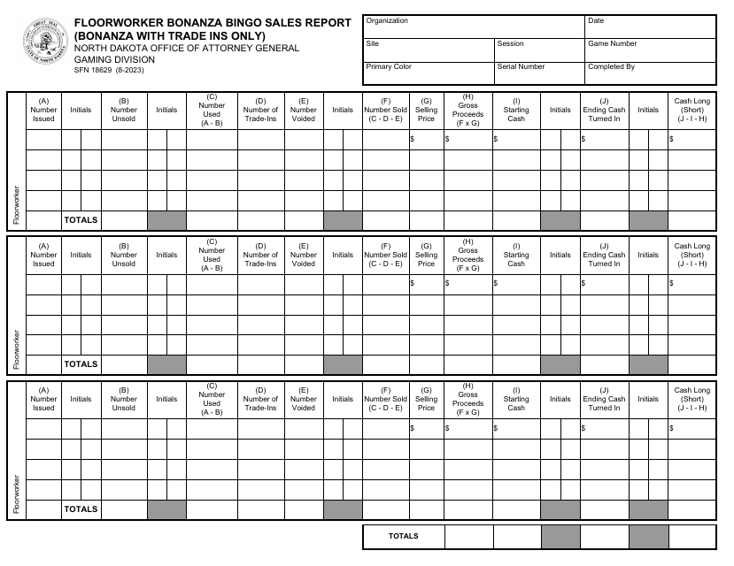 Form SFN18629 Floorworker Bonanza Bingo Sales Report (Bonanza With Trade Ins Only) - North Dakota