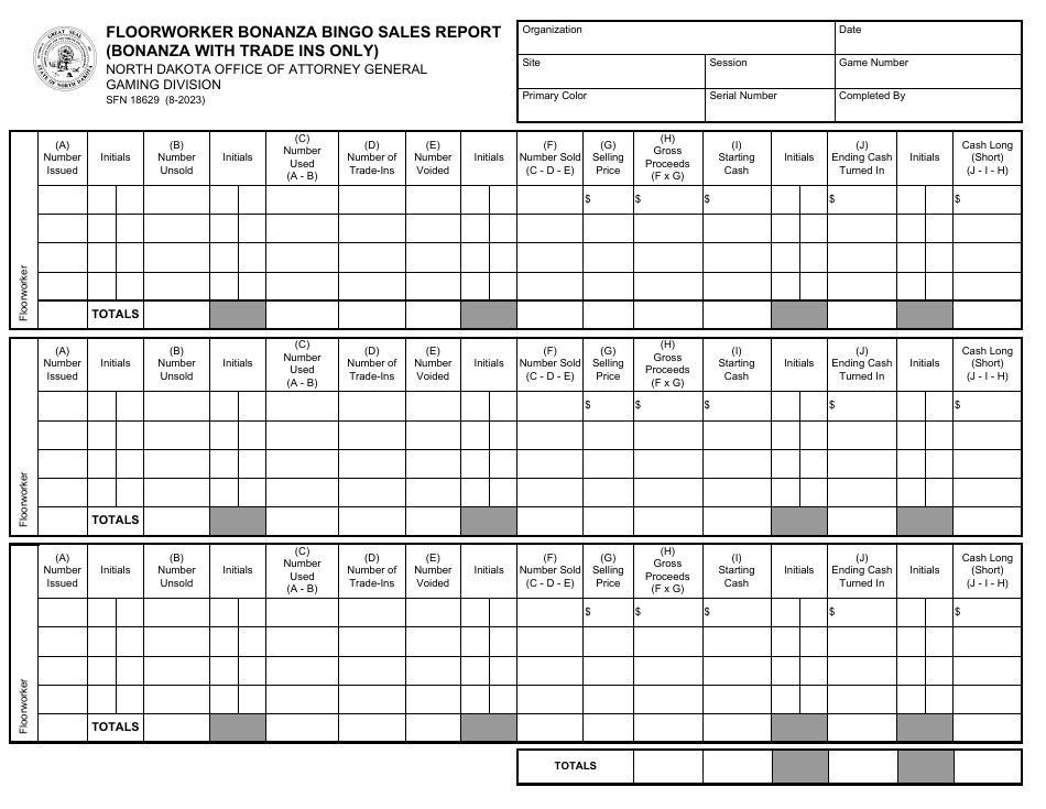 Form SFN18629 Floorworker Bonanza Bingo Sales Report (Bonanza With Trade Ins Only) - North Dakota, Page 1