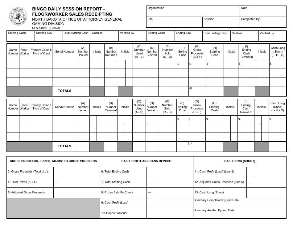 Form SFN54066 Bingo Daily Session Report - Floorworker Sales Receipting - North Dakota, Page 1
