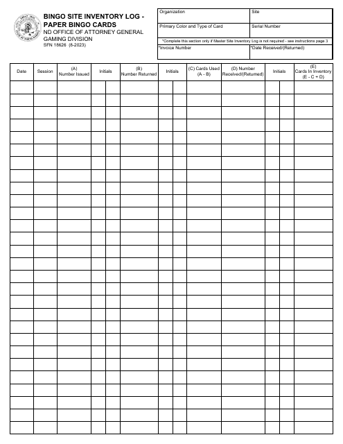 Form SFN18626 Bingo Site Inventory Log - Paper Bingo Cards - North Dakota