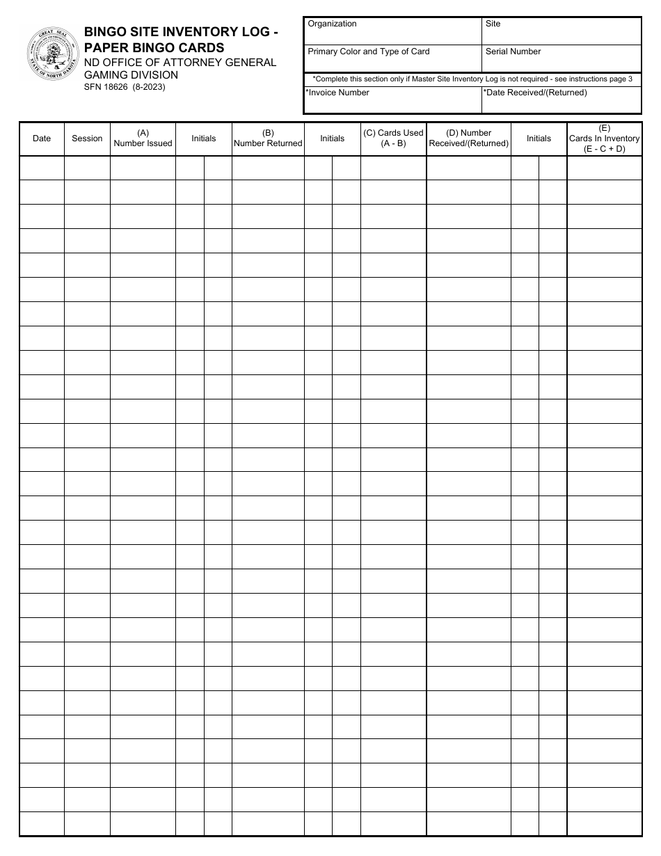 Form SFN18626 Download Fillable PDF or Fill Online Bingo Site Inventory ...