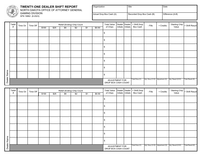 Form SFN18862 Twenty-One Dealer Shift Report - North Dakota